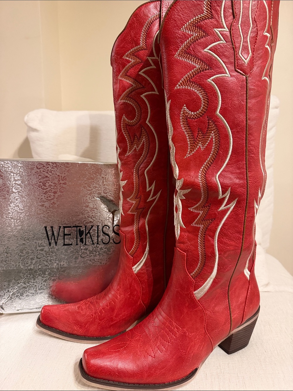 Wetkiss Red Embroidered Leather Tall Western Boots
